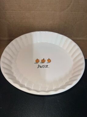 Rae Dunn White Ceramic Pie Plate with Orange Pumpkin Trio